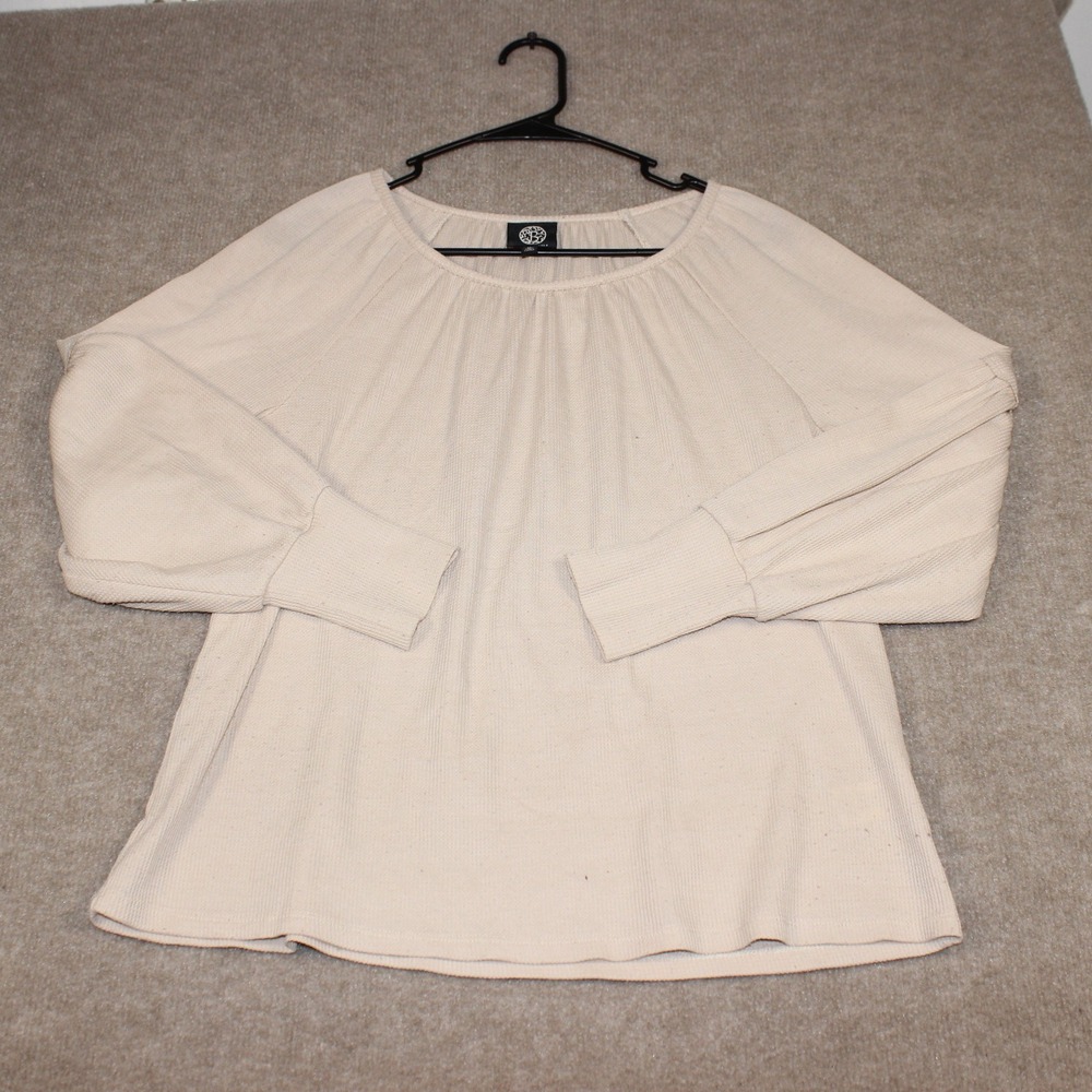 Bobeau Womens Cream Waffle Knit Puff Sleeve Scoop Neck Blouse Top Beige Size M